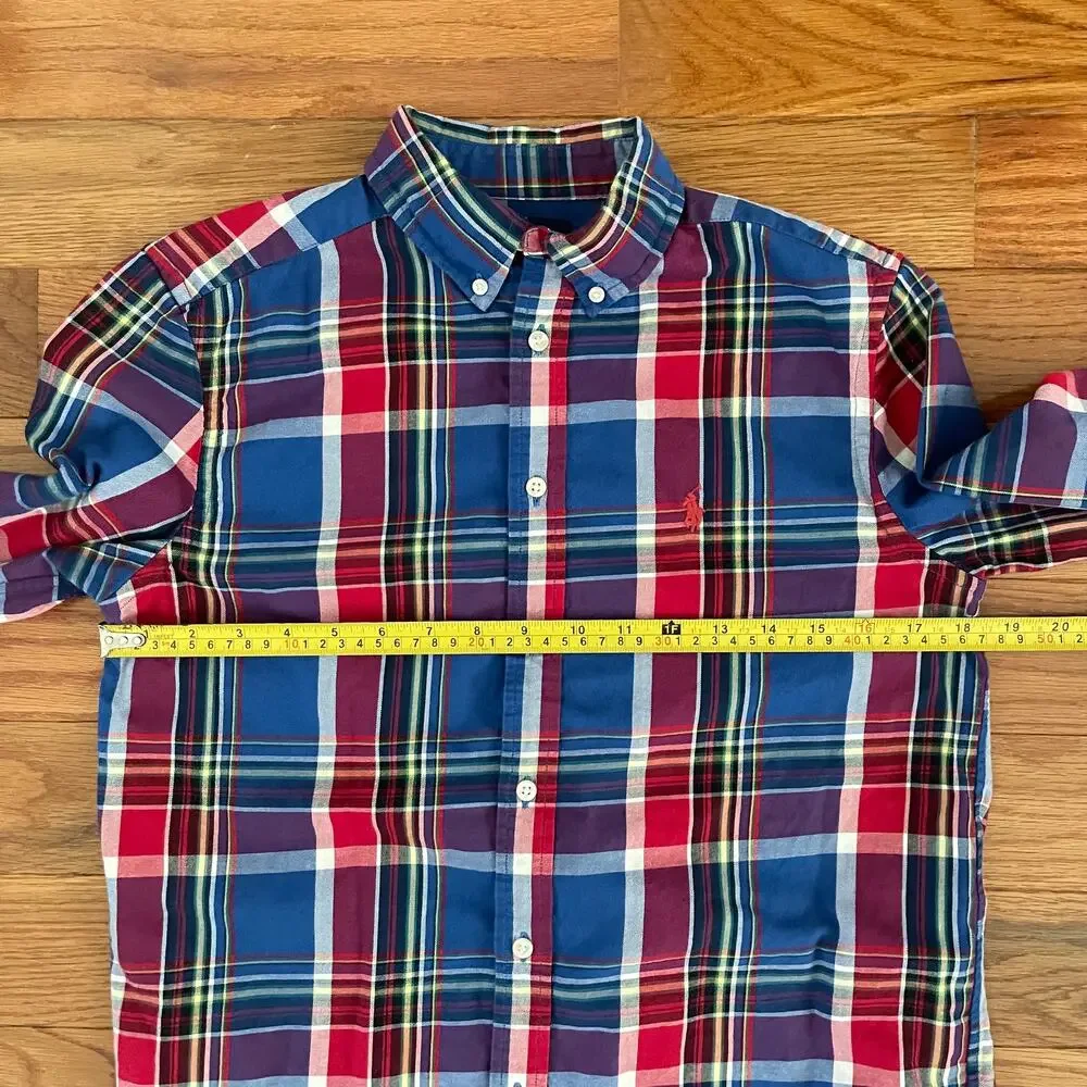 Ralph Lauren Boys Large 14/16 Red Blue Tartan Plaid Button Down Shirt Sleeve